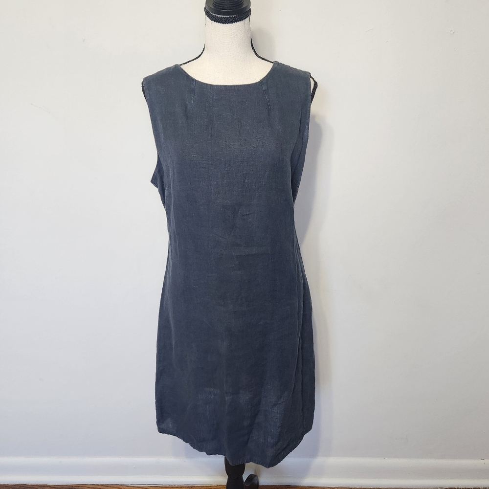 Fabiana Tesi Italian Linen Shift Dress Sleeveless Navy Gray Minimalist Beach S